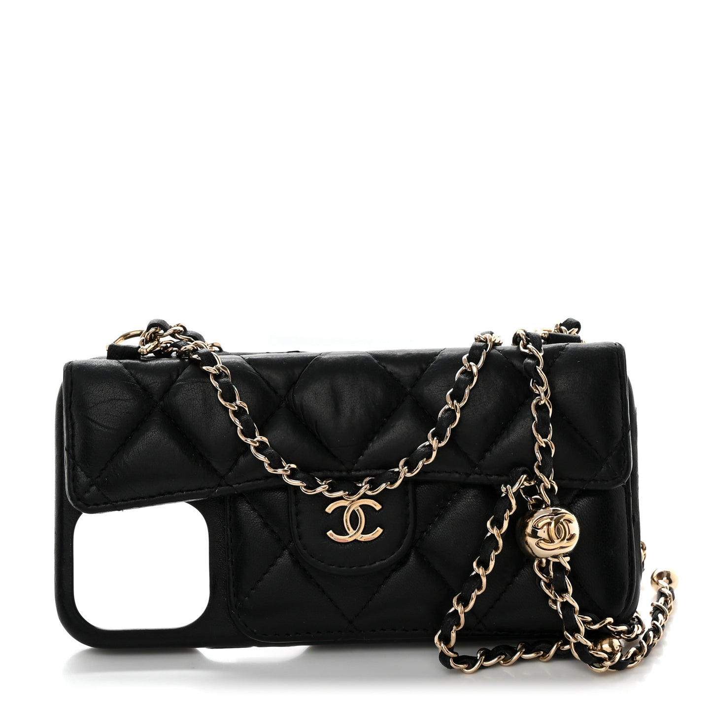 Lambskin Quilted Pearl Crush iPhone XII Pro Holder With Chain Black