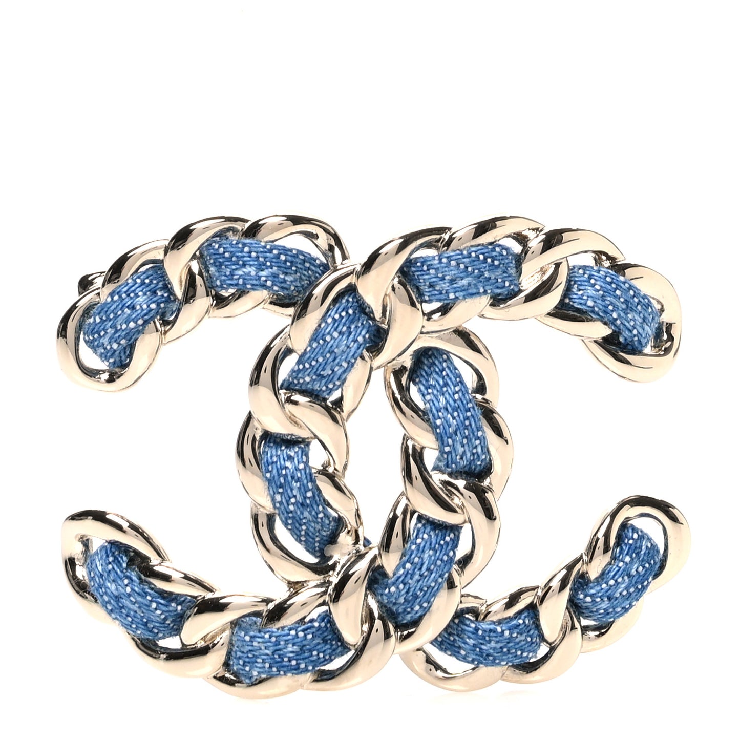 Metal Denim Braided CC Brooch Blue Gold