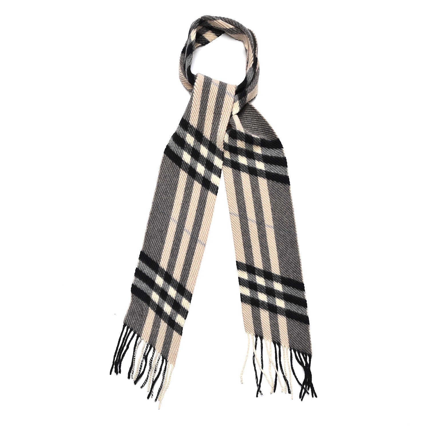 Burberry Cashmere Check Fringe Skinny Scarf Beige 1 of 4