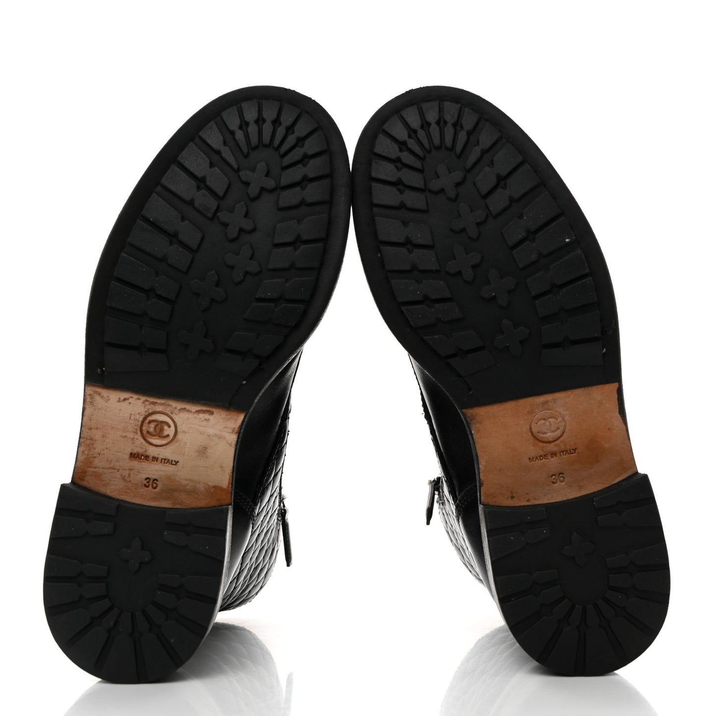 Calfskin Quilted Lace Up Combat Boots 36 Black