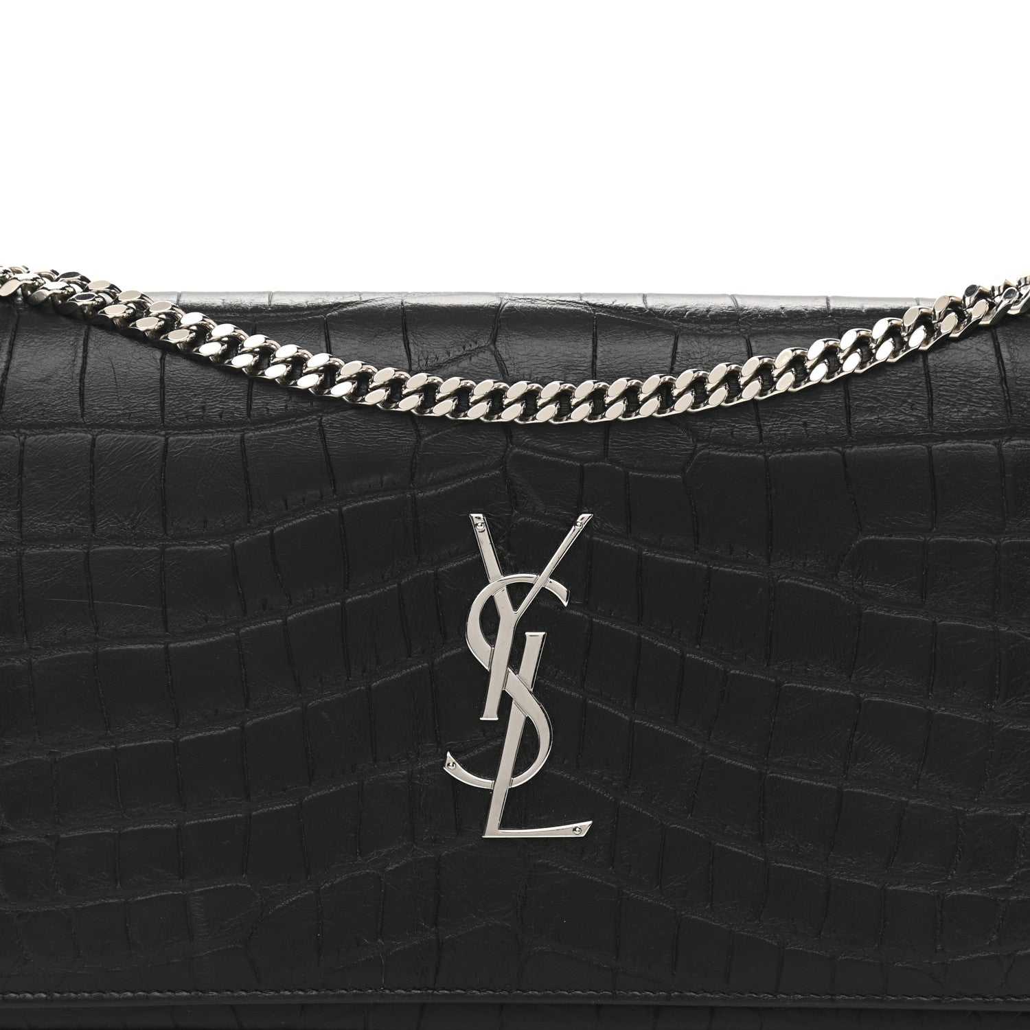 Saint Laurent Calfskin Crocodile Embossed Monogram Chain Wallet Black 7 of 9