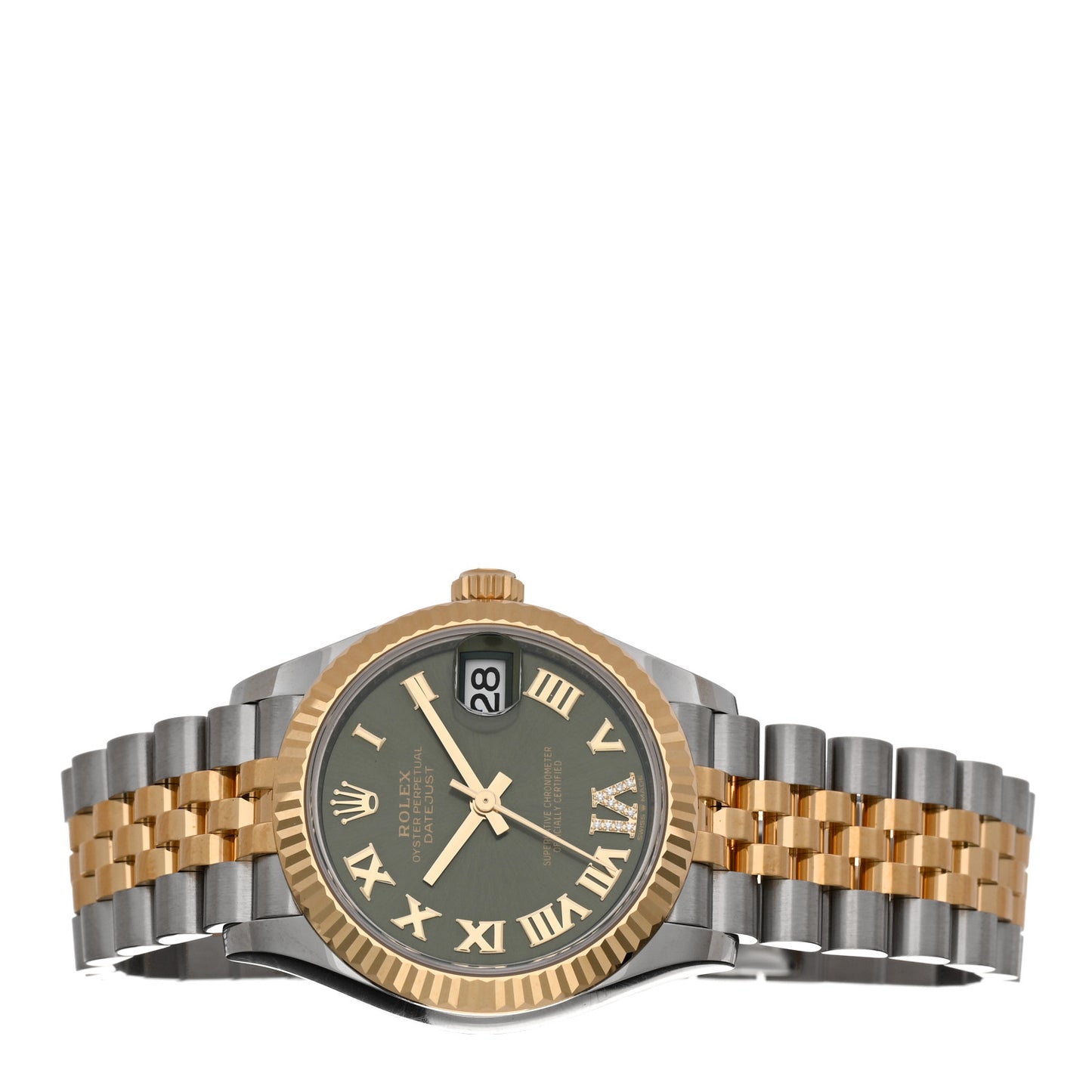 Stainless Steel 18K Yellow Gold Diamond 31mm Oyster Perpetual Datejust Watch Olive Green Roman 278273