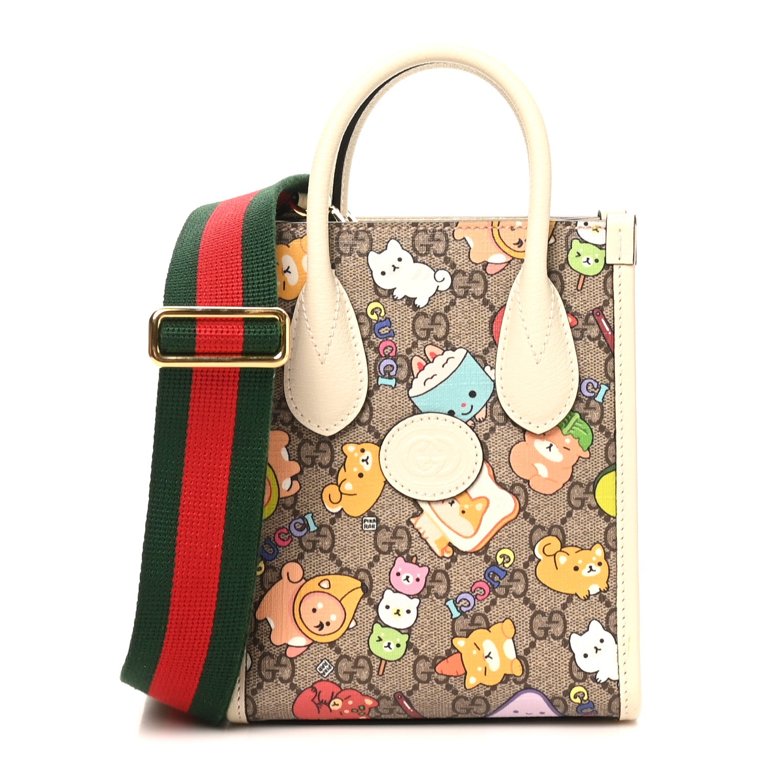 Gucci X PIKARAR GG Supreme Textured Dollar Calfskin Animal Print Mini Vertical Tote Bag Beige Ebony Mystic White Multicolor 1 of 10