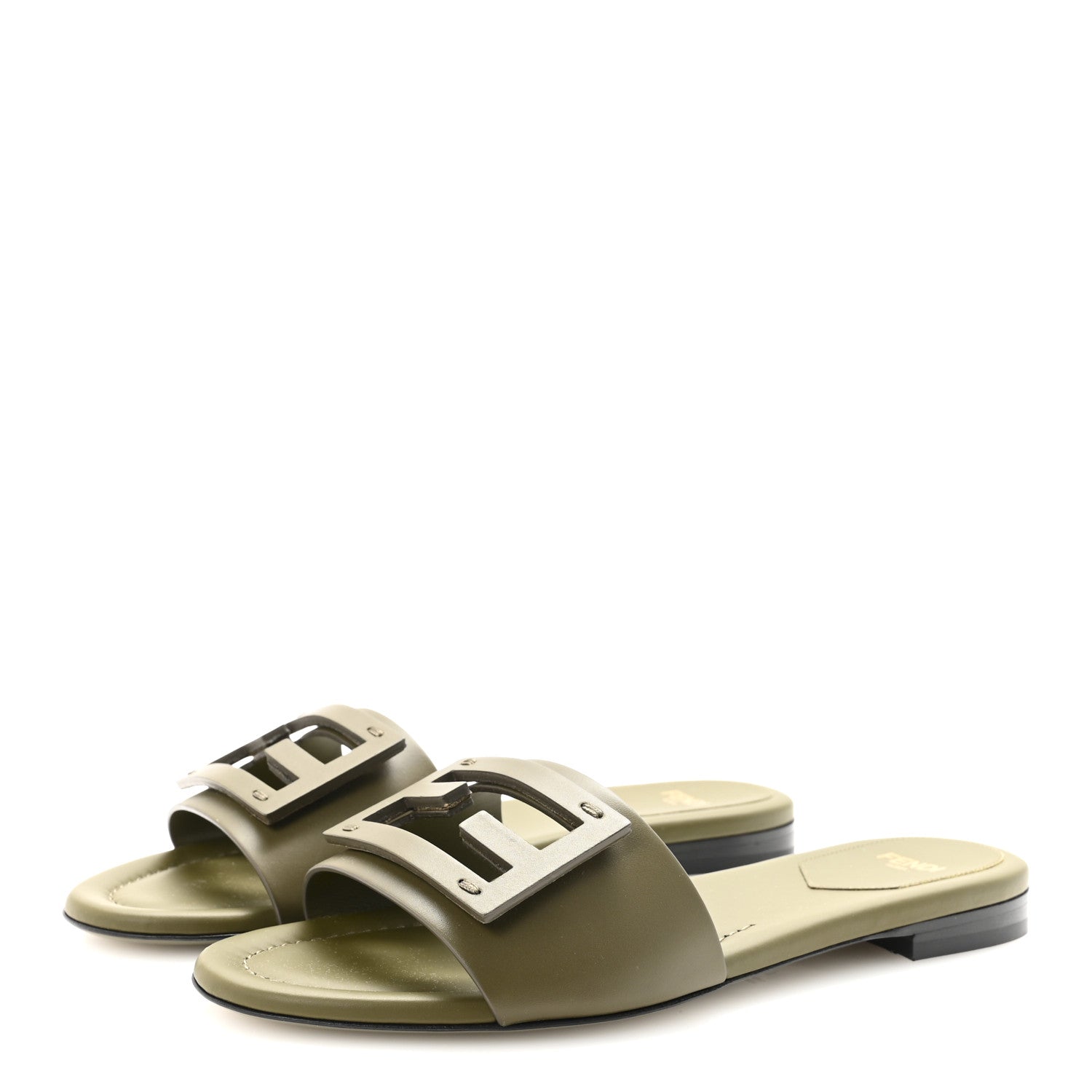 Fendi Calfskin FF Logo Plaque Slide Sandals 37 Militare 4 of 9