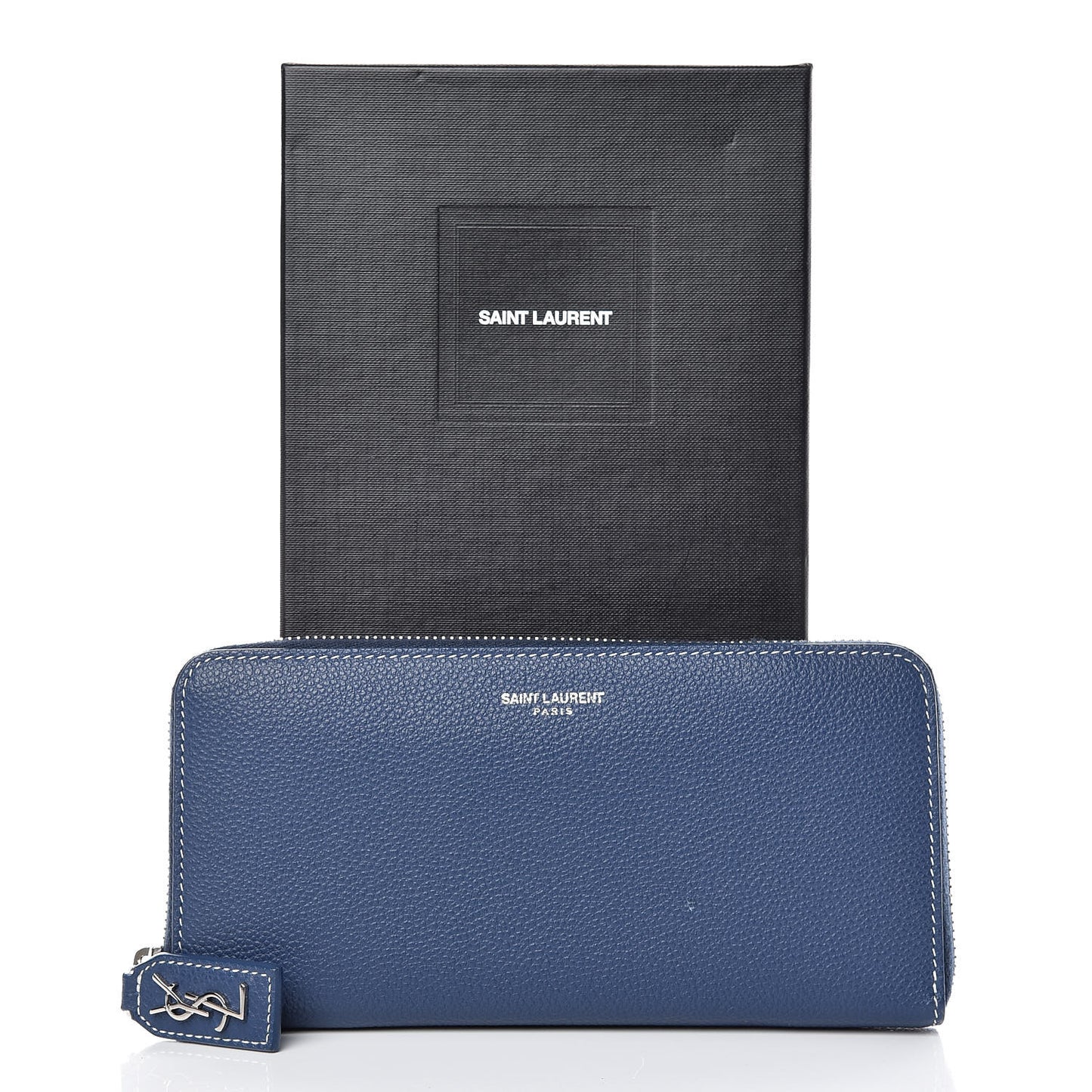 Grained Calfskin Rive Gauche Zip Around Wallet Denim Blue