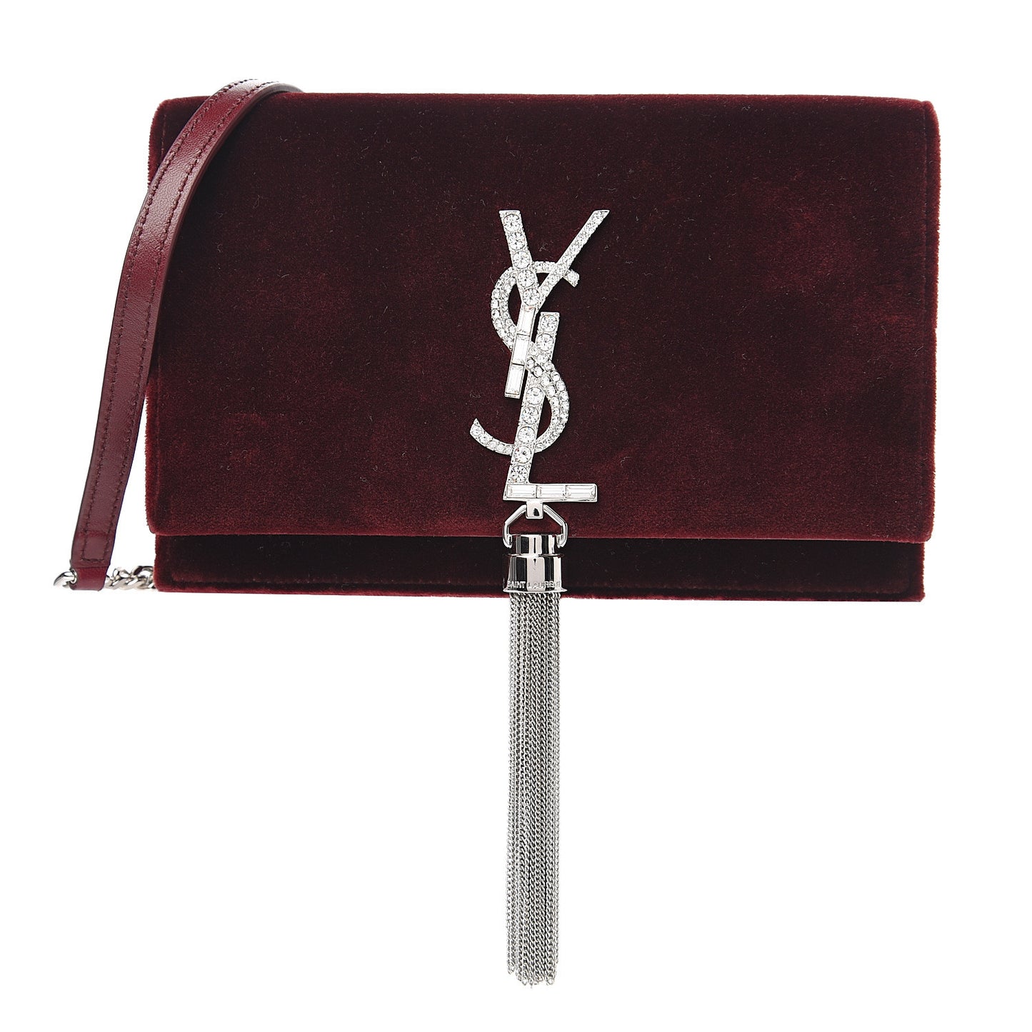 Velvet Crystal Monogram Kate Tassel Shoulder Bag Burgundy