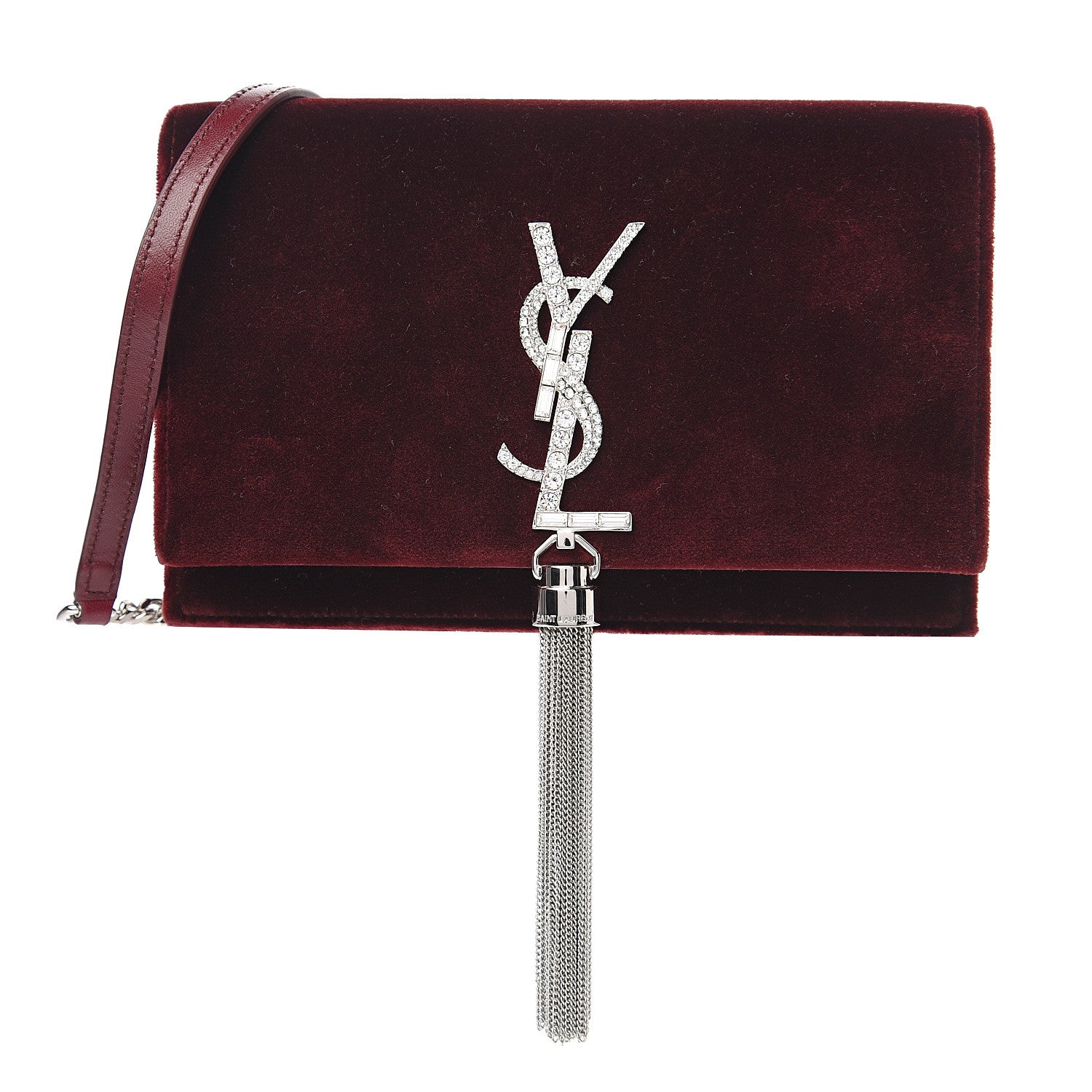 Saint Laurent Velvet Crystal Monogram Kate Tassel Shoulder Bag Burgundy 1 of 10