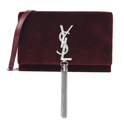 Saint Laurent Velvet Crystal Monogram Kate Tassel Shoulder Bag Burgundy 1 of 10