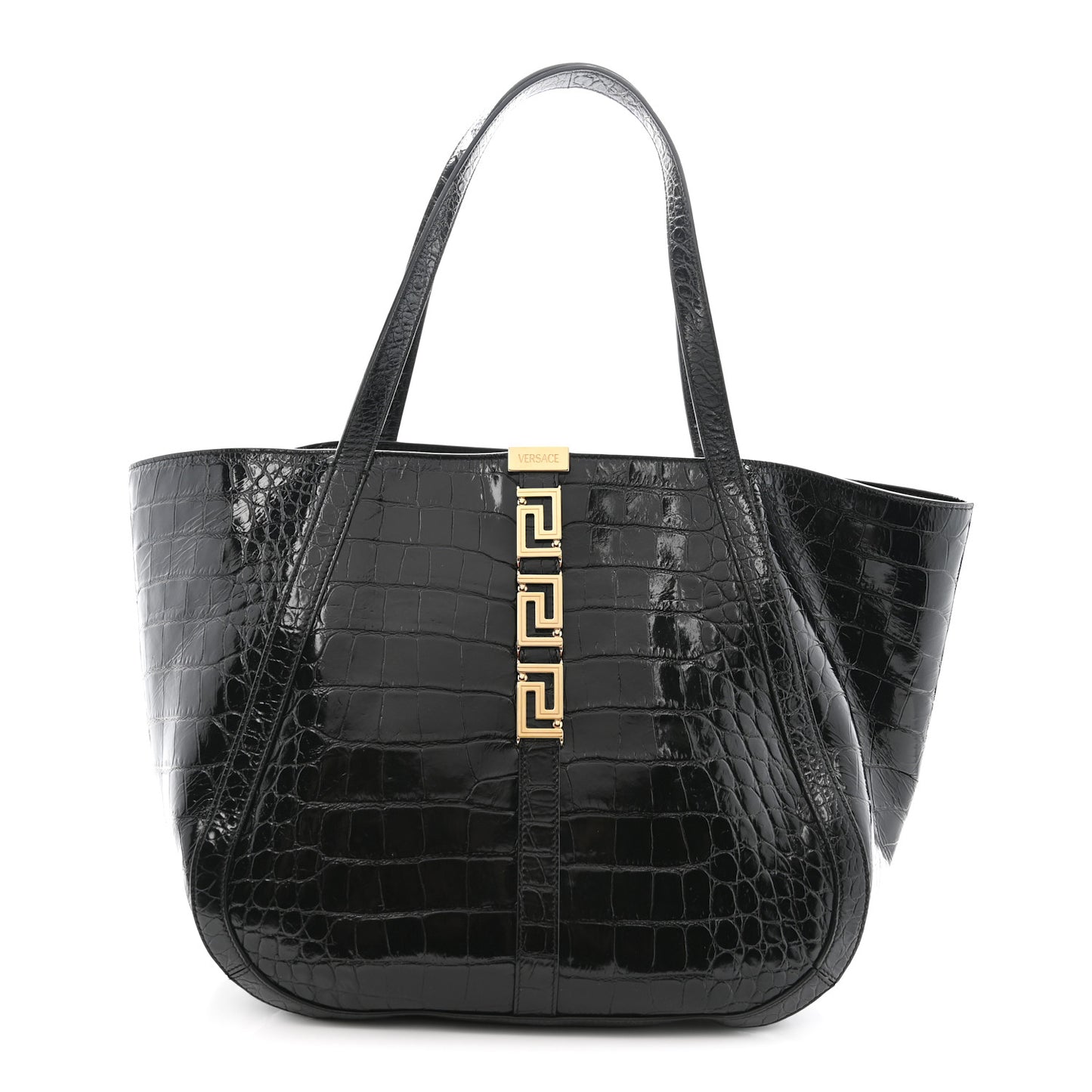 Calfskin Crocodile Embossed Greca Goddess Tote Bag Black
