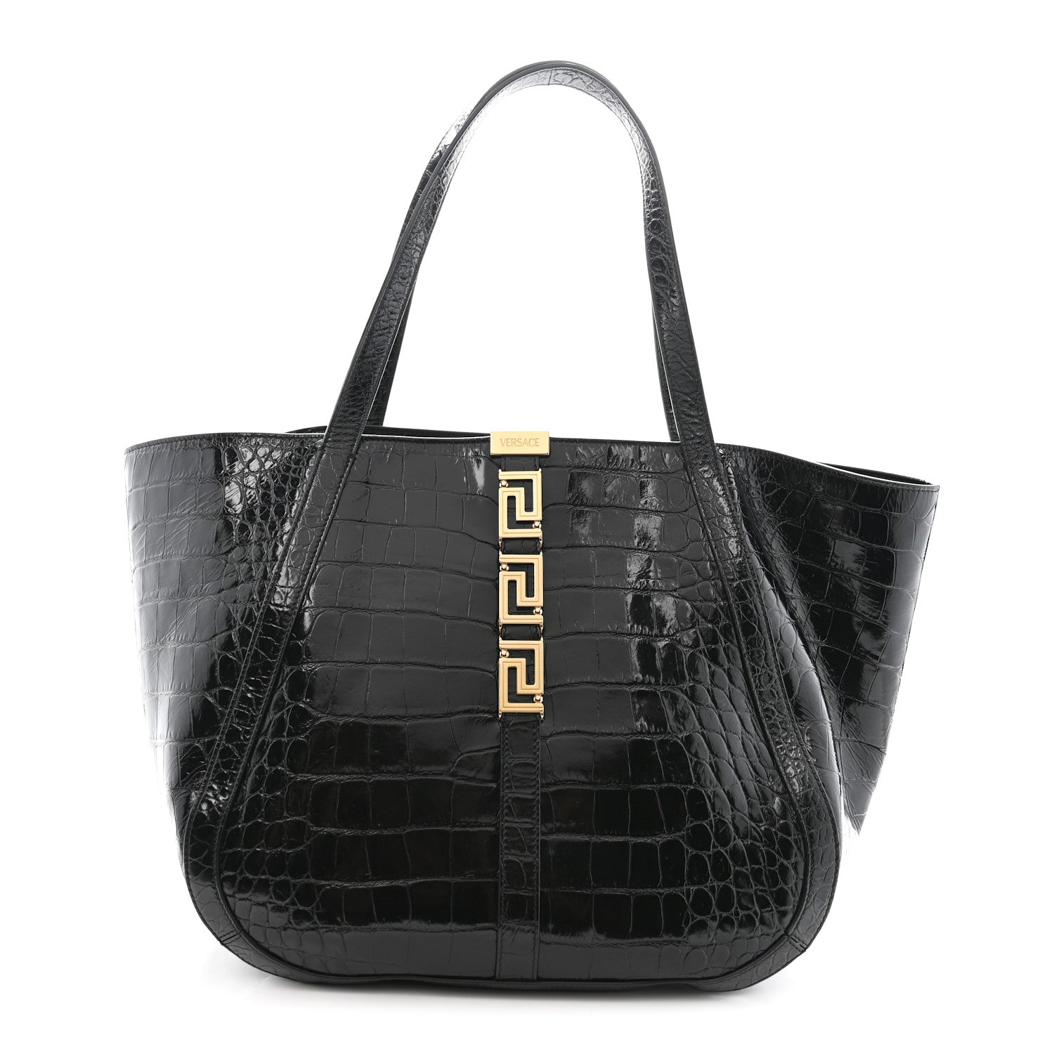 Versace Calfskin Crocodile Embossed Greca Goddess Tote Bag Black 1 of 13