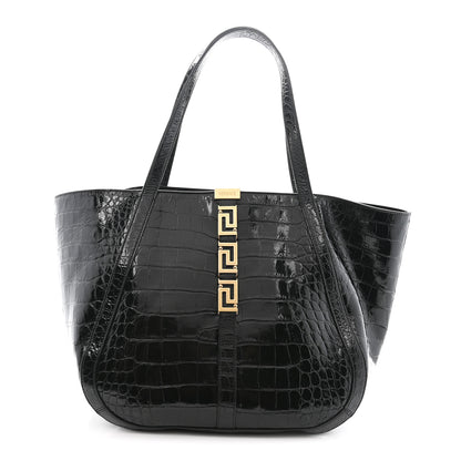 Versace Calfskin Crocodile Embossed Greca Goddess Tote Bag Black 1 of 13