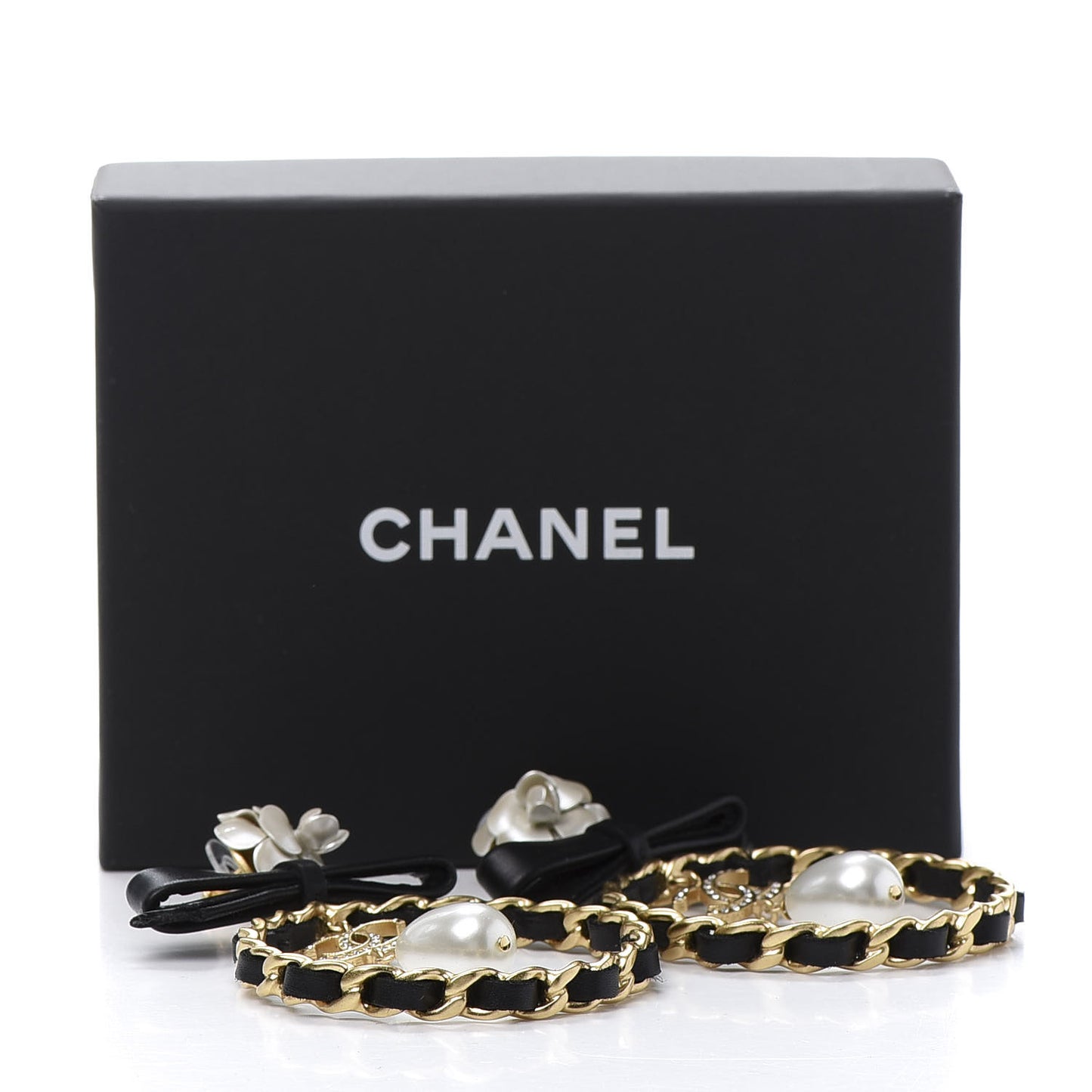 Calfskin Metal Pearl 90’s Camellia CC Hoop Earrings Gold Black