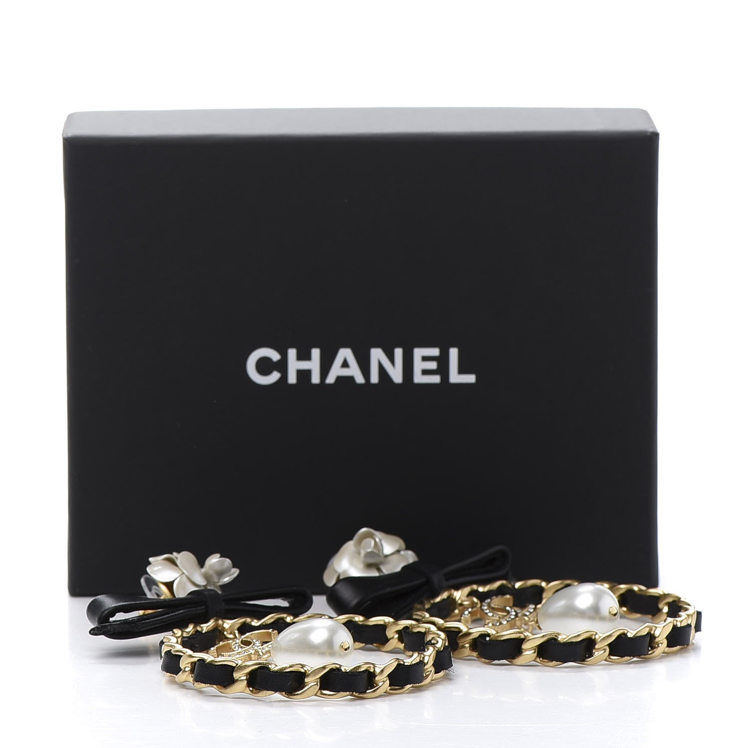 Chanel Calfskin Metal Pearl 90’s Camellia CC Hoop Earrings Gold Black 5 of 5