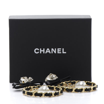 Chanel Calfskin Metal Pearl 90’s Camellia CC Hoop Earrings Gold Black 5 of 5