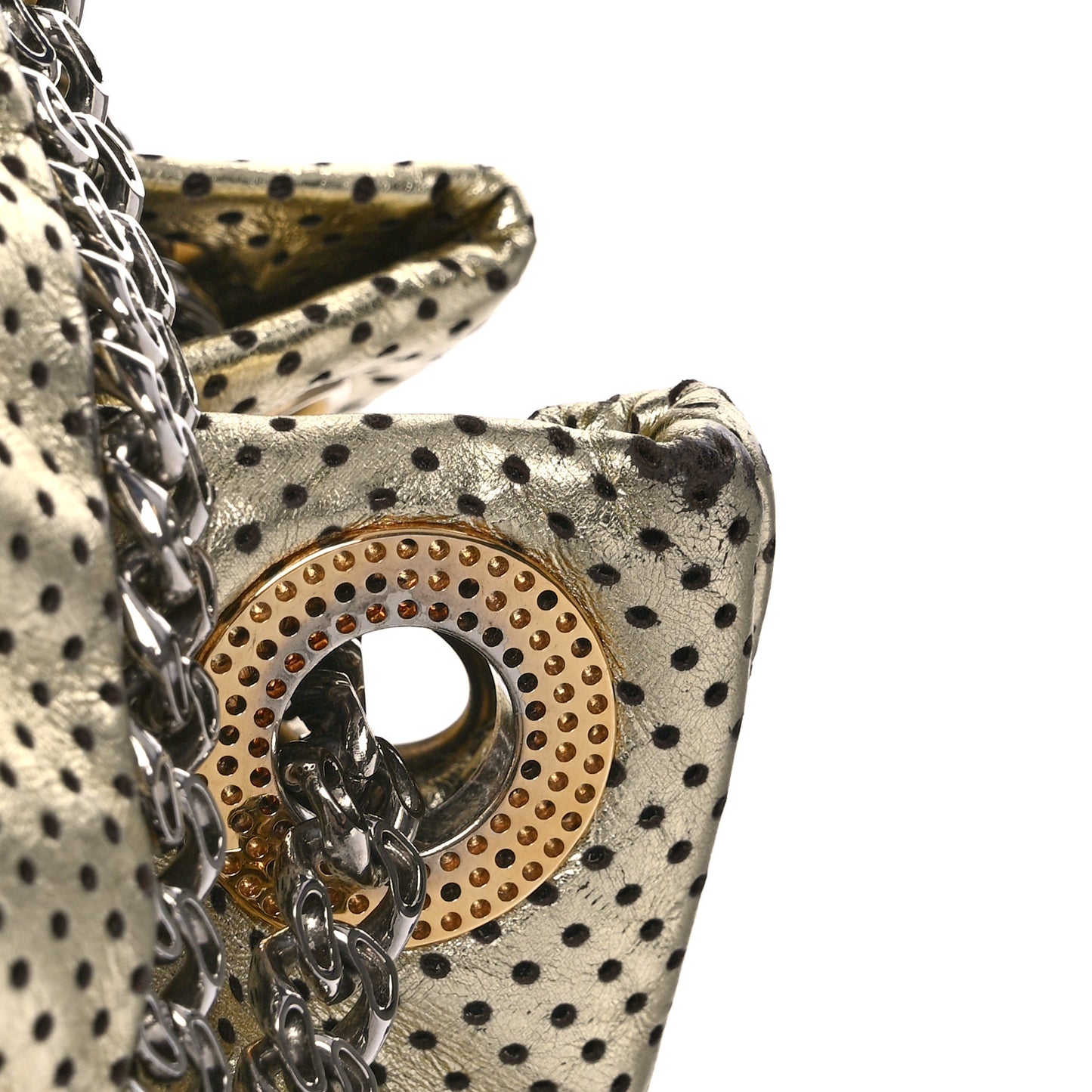 Metallic Calfskin Perforated Large Drill Accordion Flap Gold