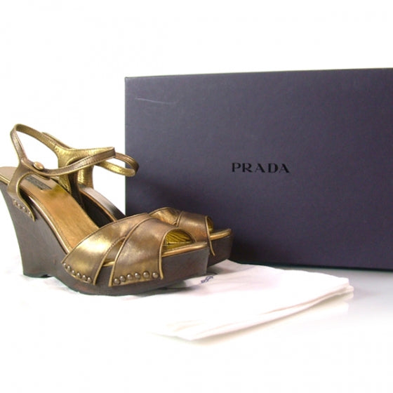 Prada Leather Platform Wedge Sandals 37.5 Gold 4 of 8