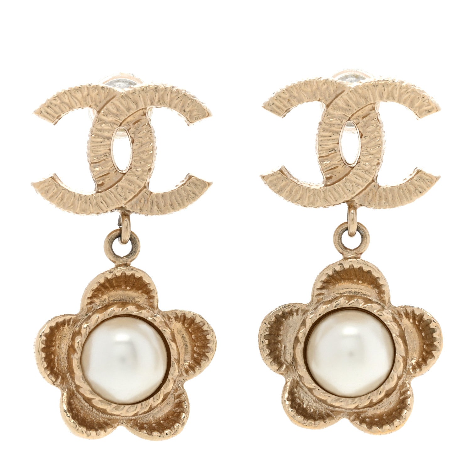 Chanel Pearl Camellia CC Drop Earrings Gold 1 of 5