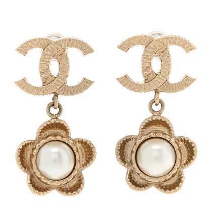Chanel Pearl Camellia CC Drop Earrings Gold 1 of 5