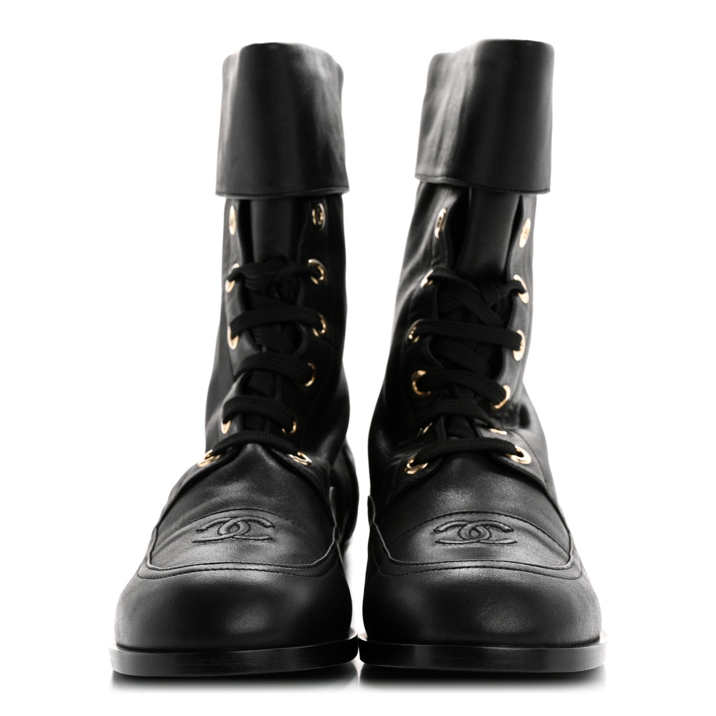 Calfskin Quilted Lace Up Combat Boots 39.5 Black
