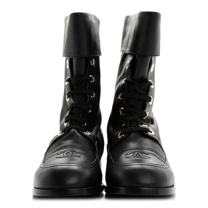 Chanel Calfskin Quilted Lace Up Combat Boots 39.5 Black 3 of 10