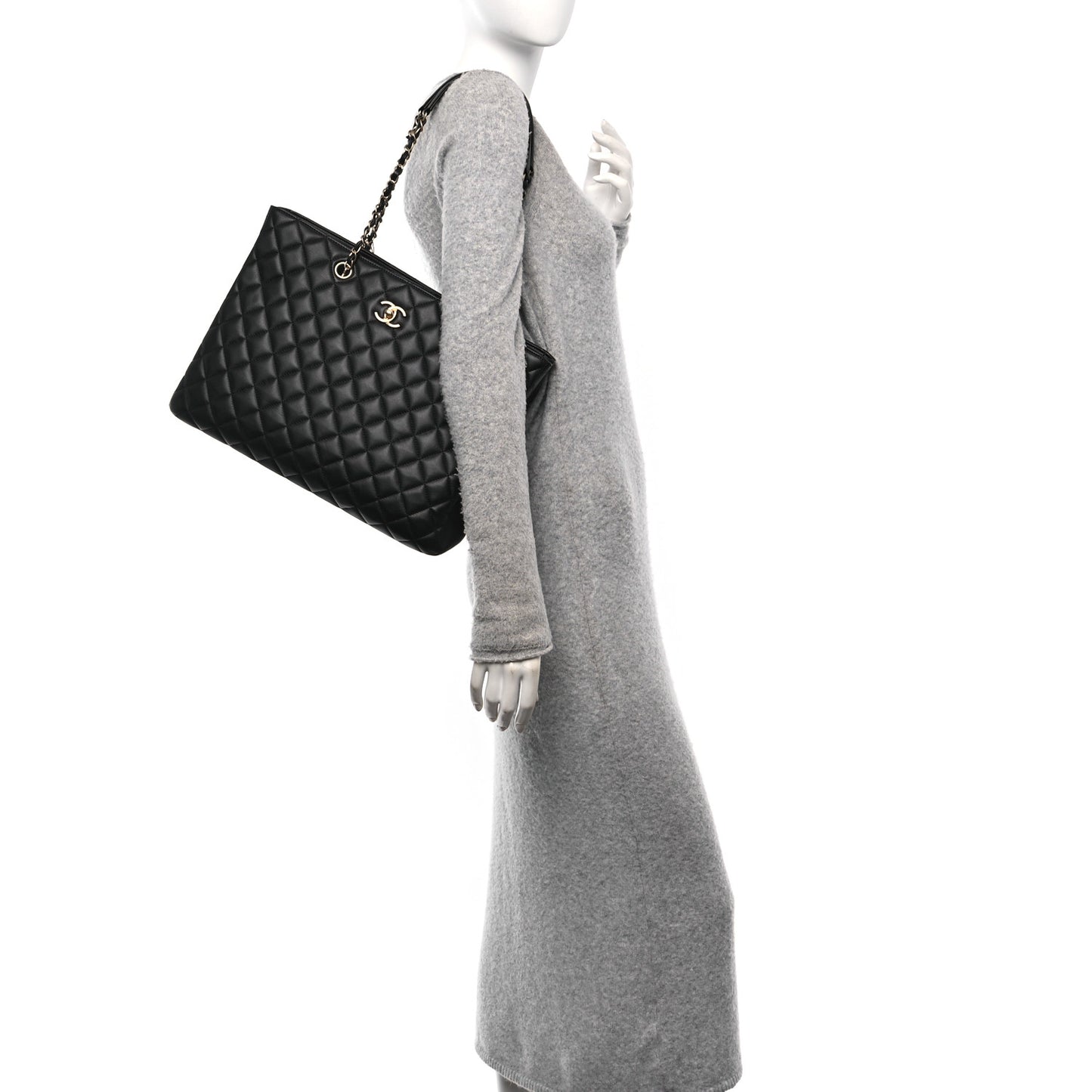 Calfskin Quilted Large Shopping Tote Black