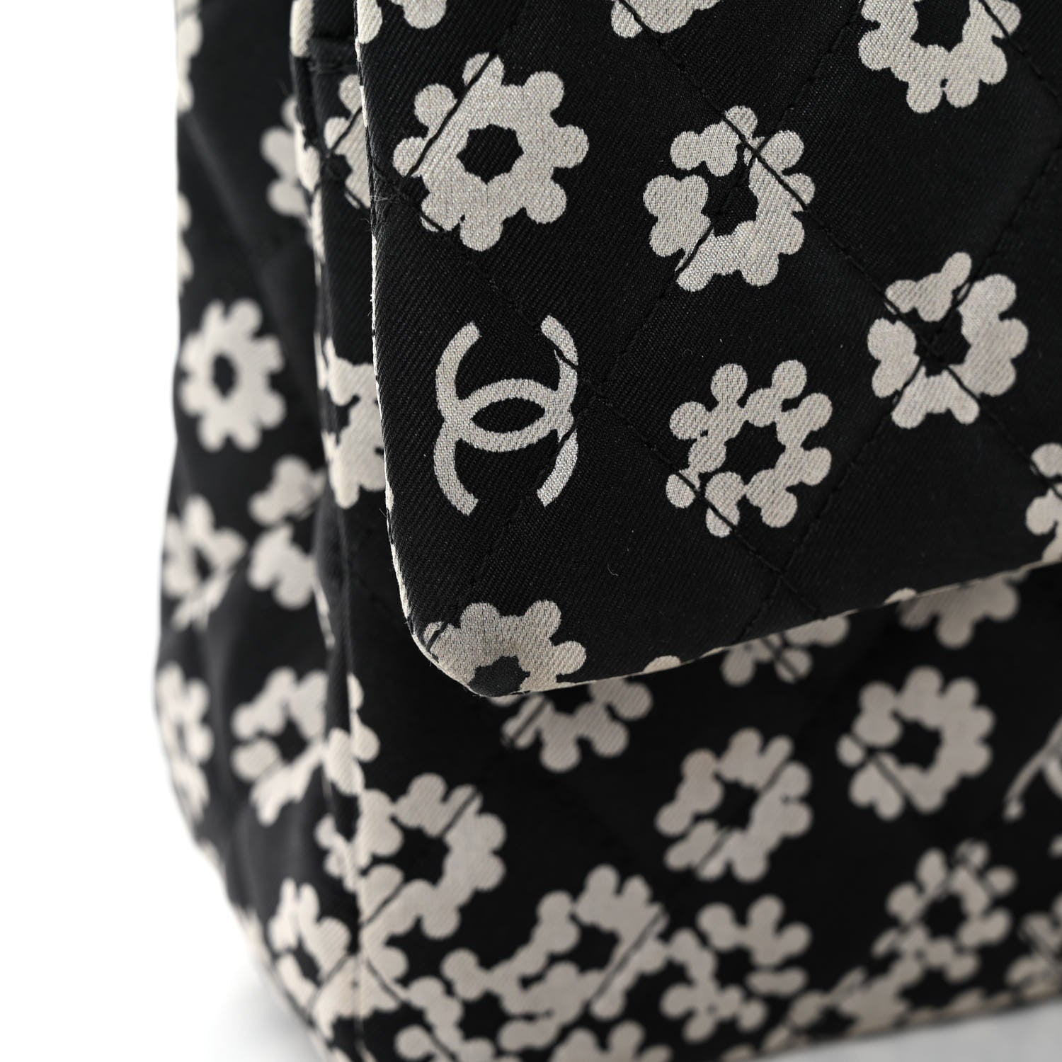 Chanel Canvas Floral Printed Quilted Medium Double Flap Black White 12 of 13