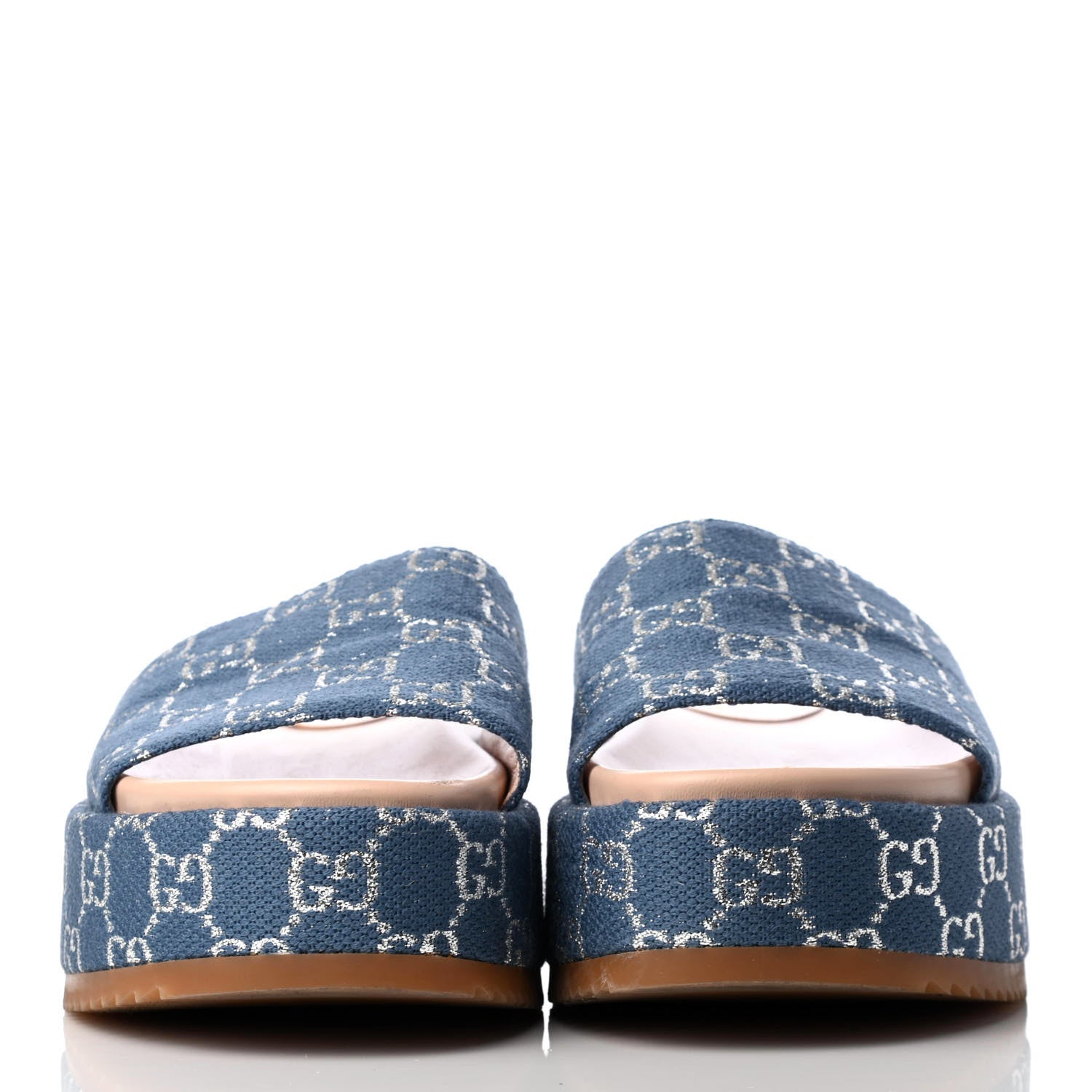 Gucci Canvas Lame GG Monogram Angelina Platform 55mm Slide Sandals 38 Blue Silver 2 of 10