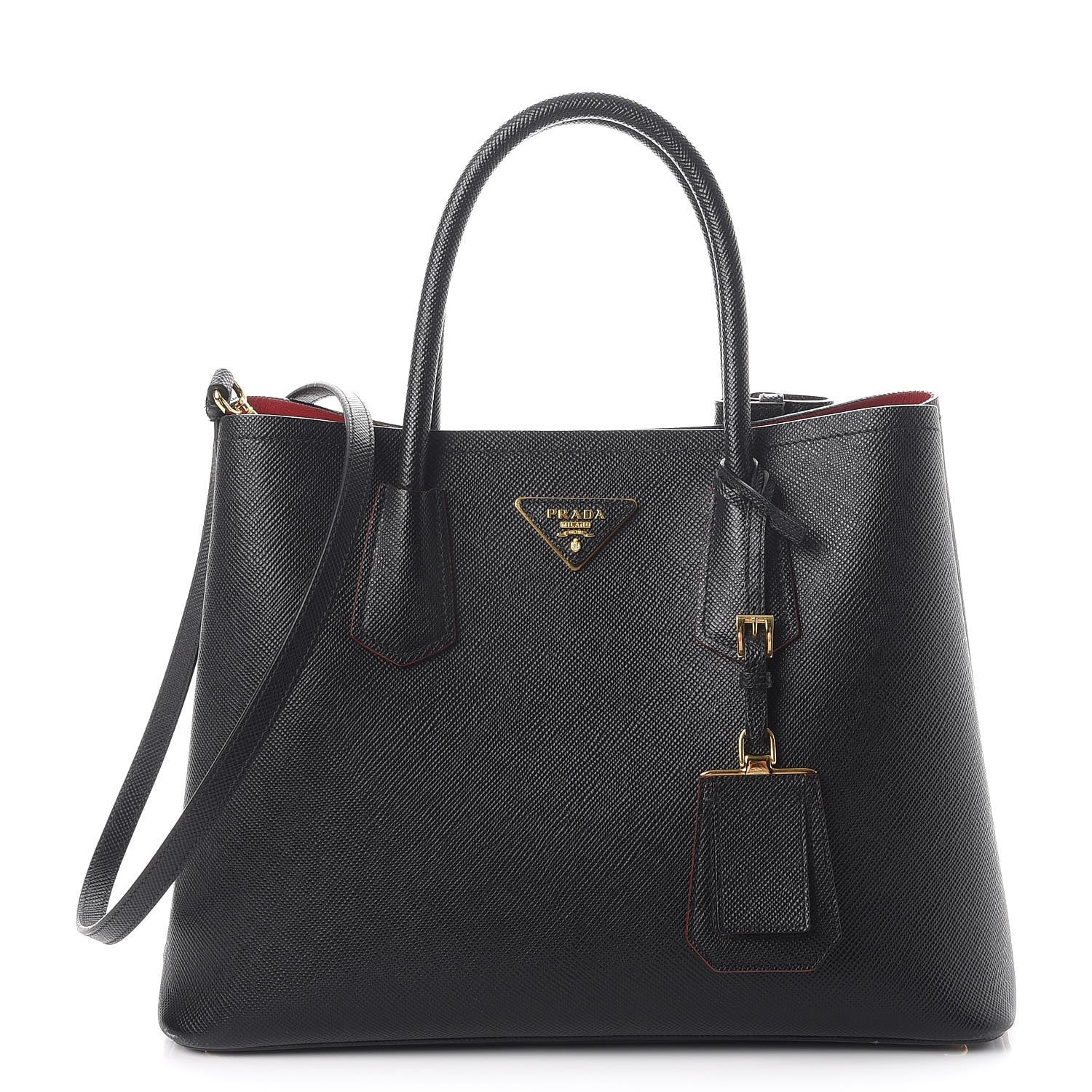 Prada Saffiano Cuir Medium Double Bag Black Fuoco 1 of 10