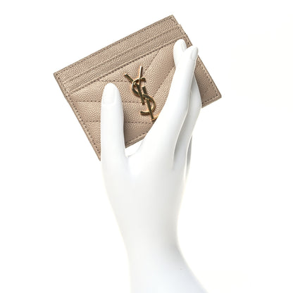 Saint Laurent Grain De Poudre Matelasse Chevron Monogram Credit Card Case Dark Beige 2 of 11