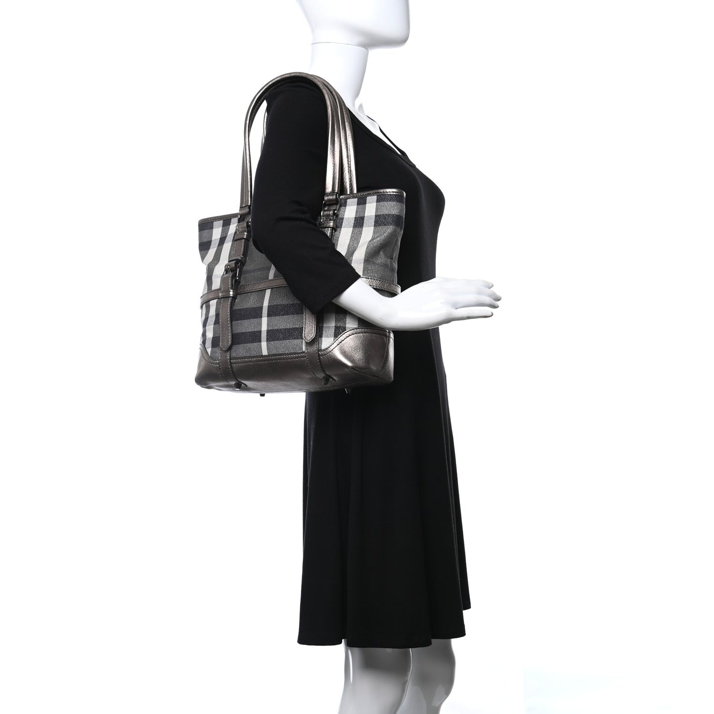 Metallic Calfskin House Check Tote Pewter