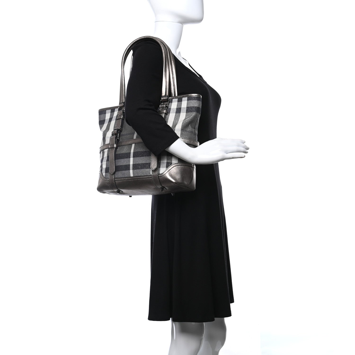Burberry Metallic Calfskin House Check Tote Pewter 2 of 8