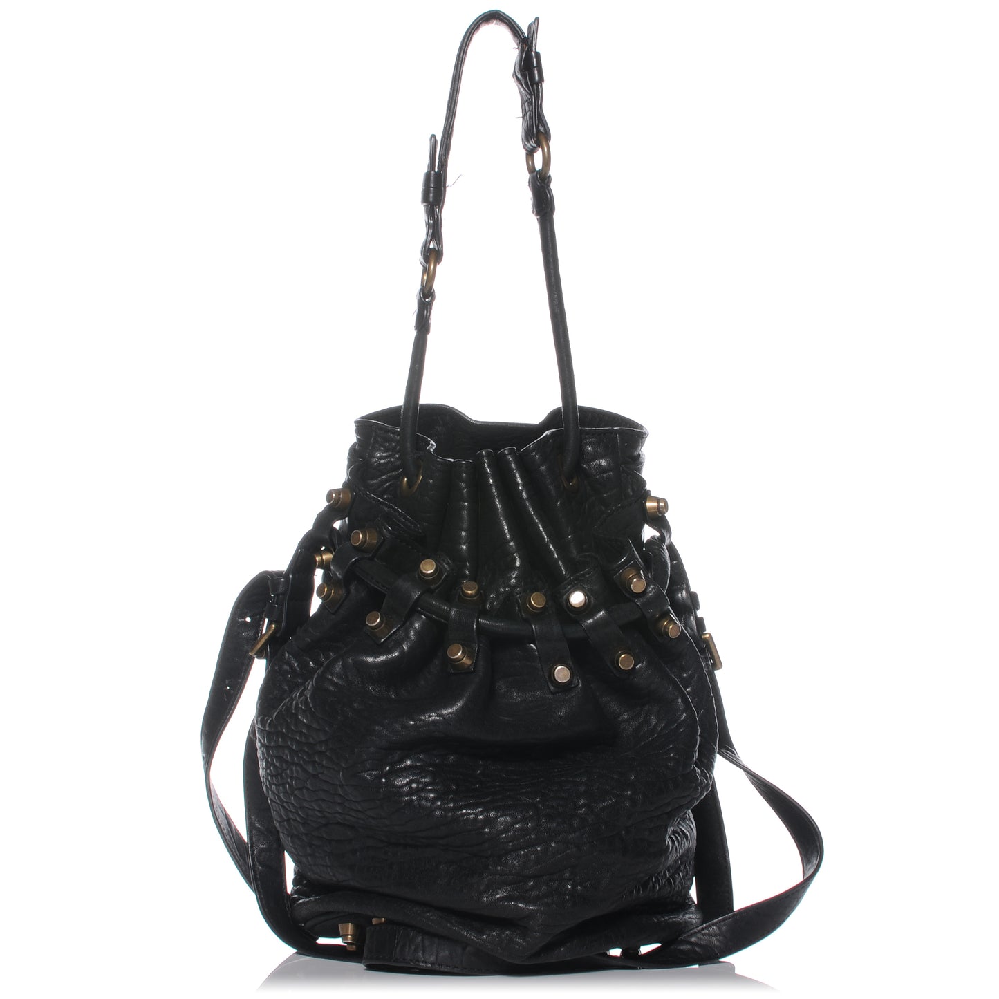 Leather Diego Bucket Bag w Antique Brass Hardware Black