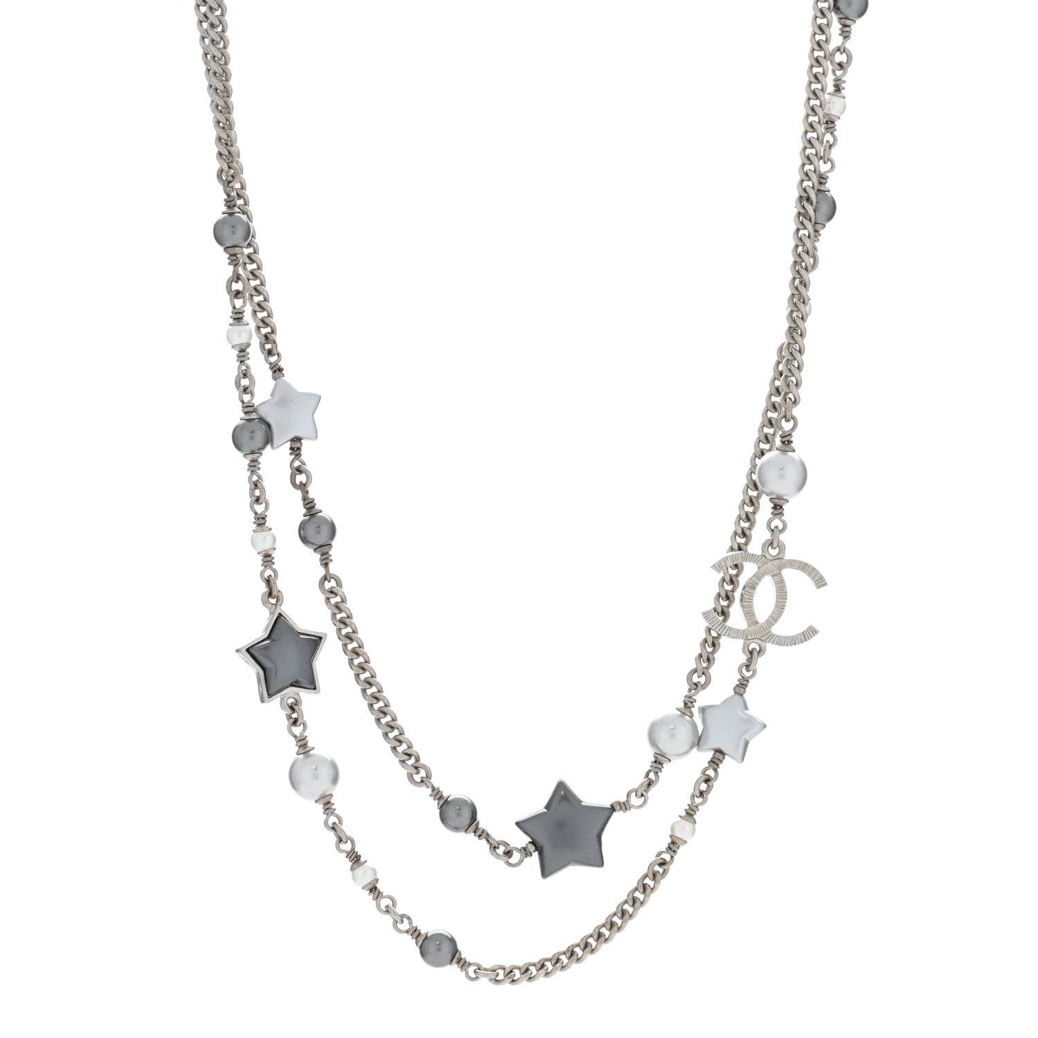 Chanel Resin Pearl Star CC Necklace Grey Silver 1 of 4
