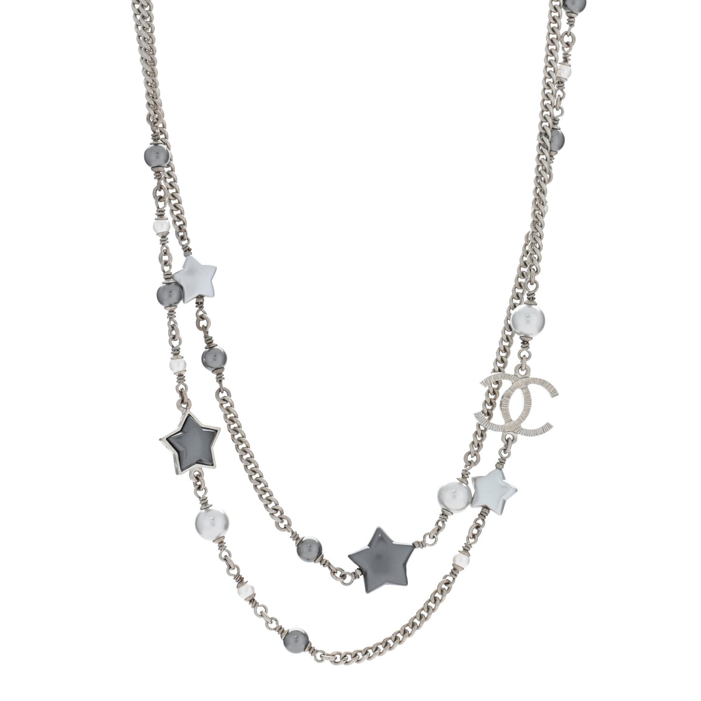 Resin Pearl Star CC Necklace Grey Silver