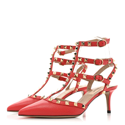 Valentino Garavani Pebbled Calfskin Rockstud Ankle Strap 65mm Pumps 35.5 Deep Coral 3 of 9