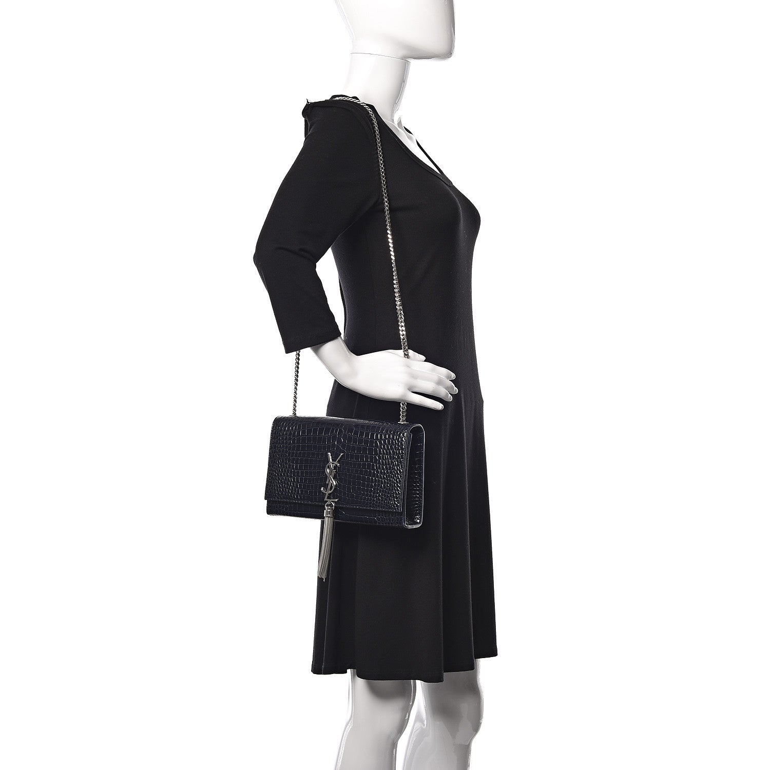Saint Laurent Calfskin Crocodile Embossed Medium Classic Monogram Kate Tassel Satchel Blue Sapphire 2 of 9