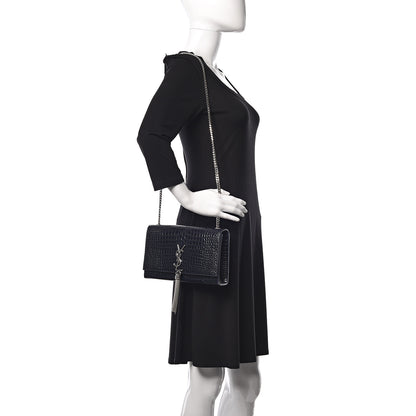 Saint Laurent Calfskin Crocodile Embossed Medium Classic Monogram Kate Tassel Satchel Blue Sapphire 2 of 9