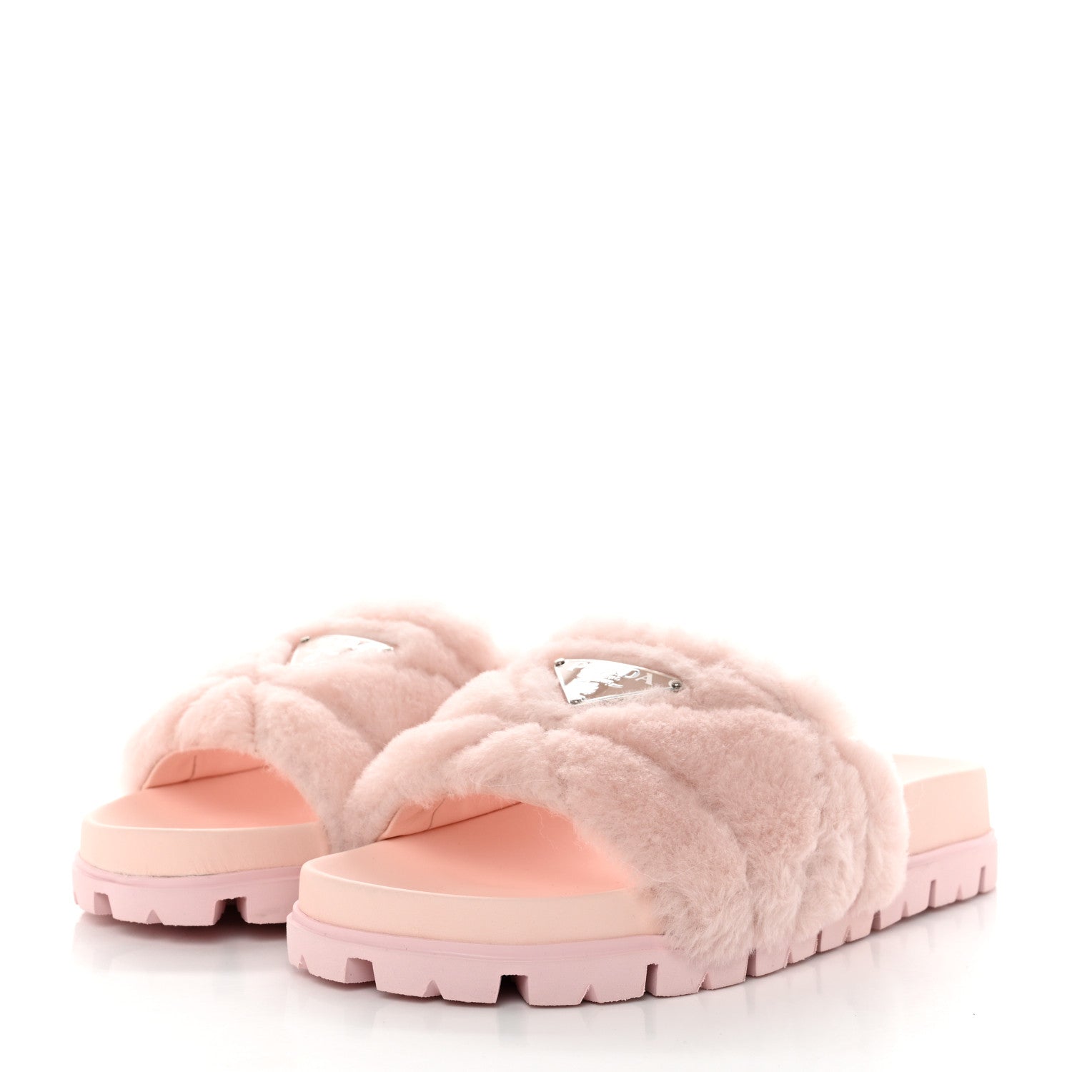 Prada Shearling Metal Triangle Logo Lug Sole 20mm Slide Sandals 35.5 Orchidea 3 of 9
