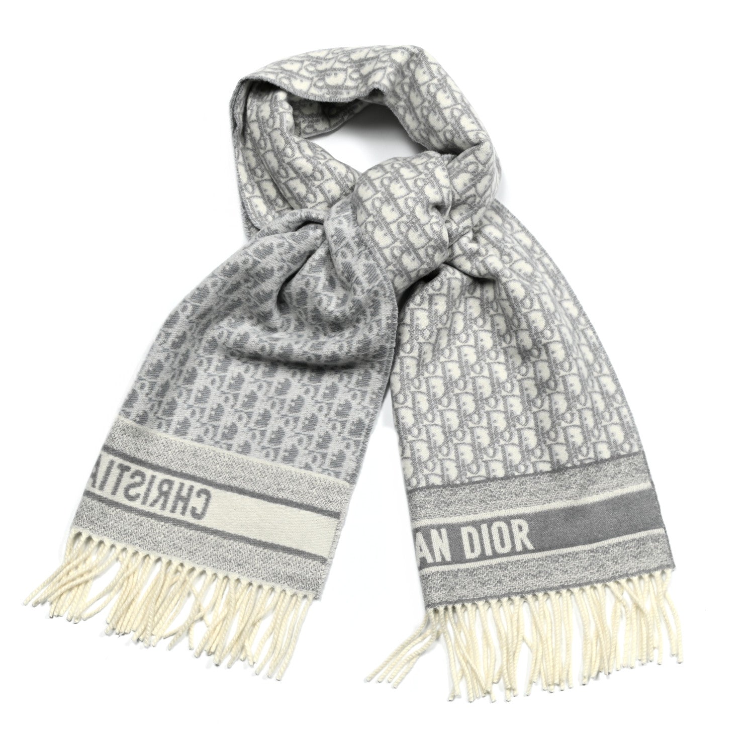 Christian Dior Cashmere Oblique Fringed Scarf Grey 1 of 4