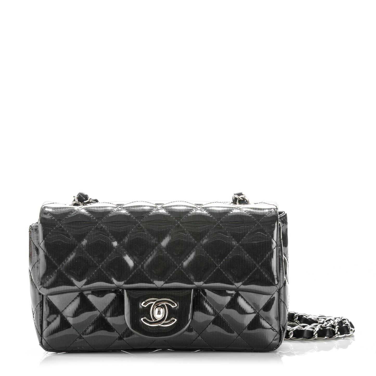 Striated Patent Quilted Mini Rectangular Flap Dark Grey