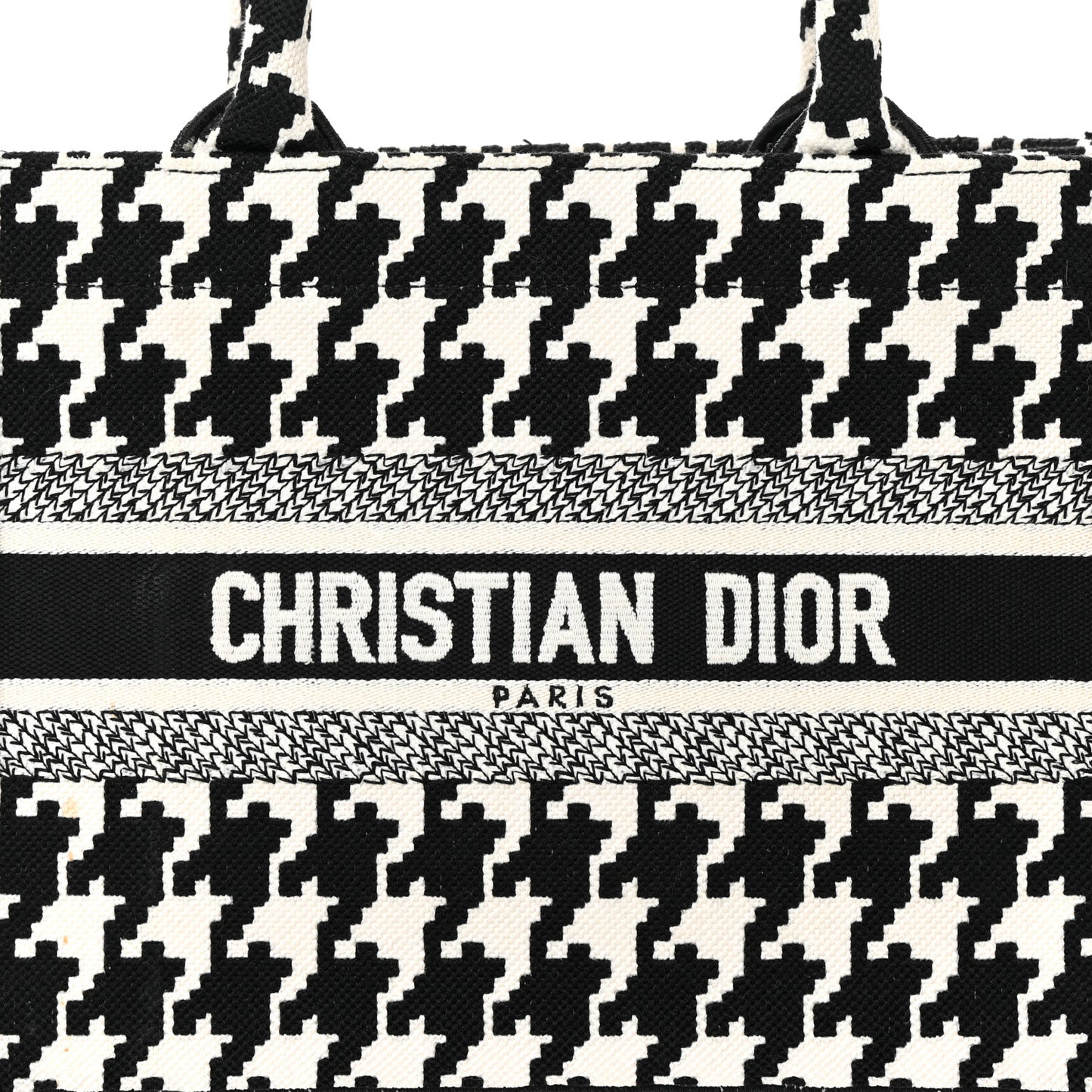 Canvas Houndstooth Embroidered Small Book Tote Black White