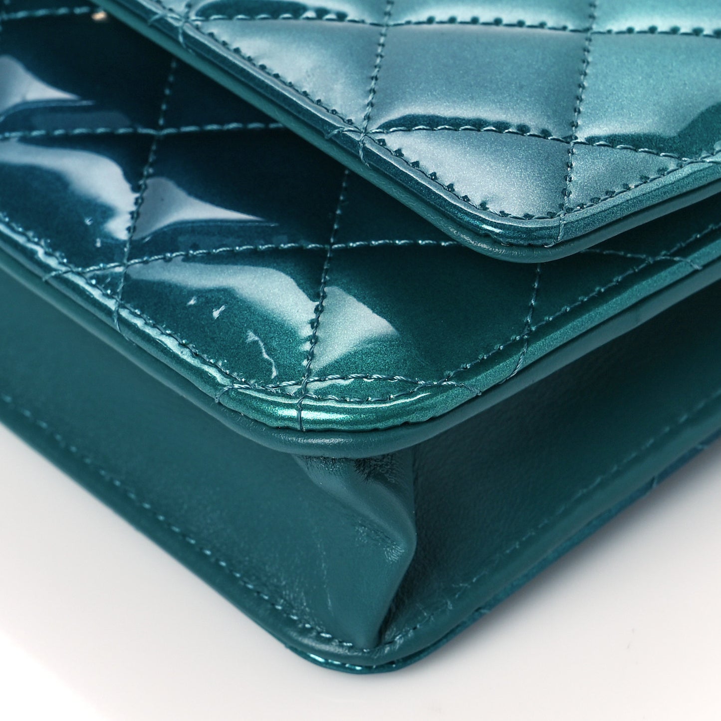 Shaded Patent Calfskin Quilted Wallet On Chain WOC Green Blue