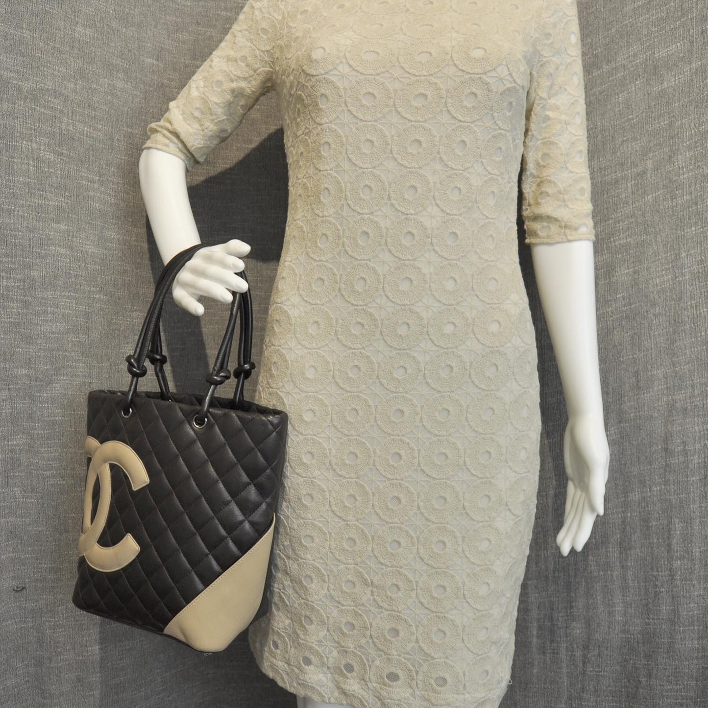 Calfskin Quilted Medium Cambon Tote Brown Beige