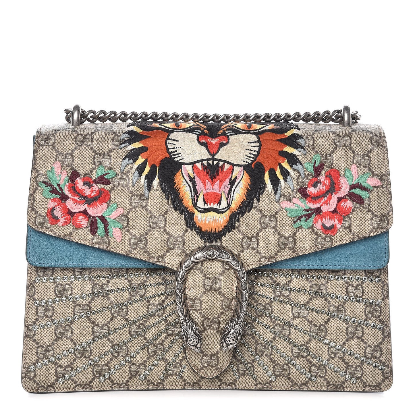 GG Supreme Monogram Angry Cat Embroidered Medium Dionysus Shoulder Bag Beige Ultramarine