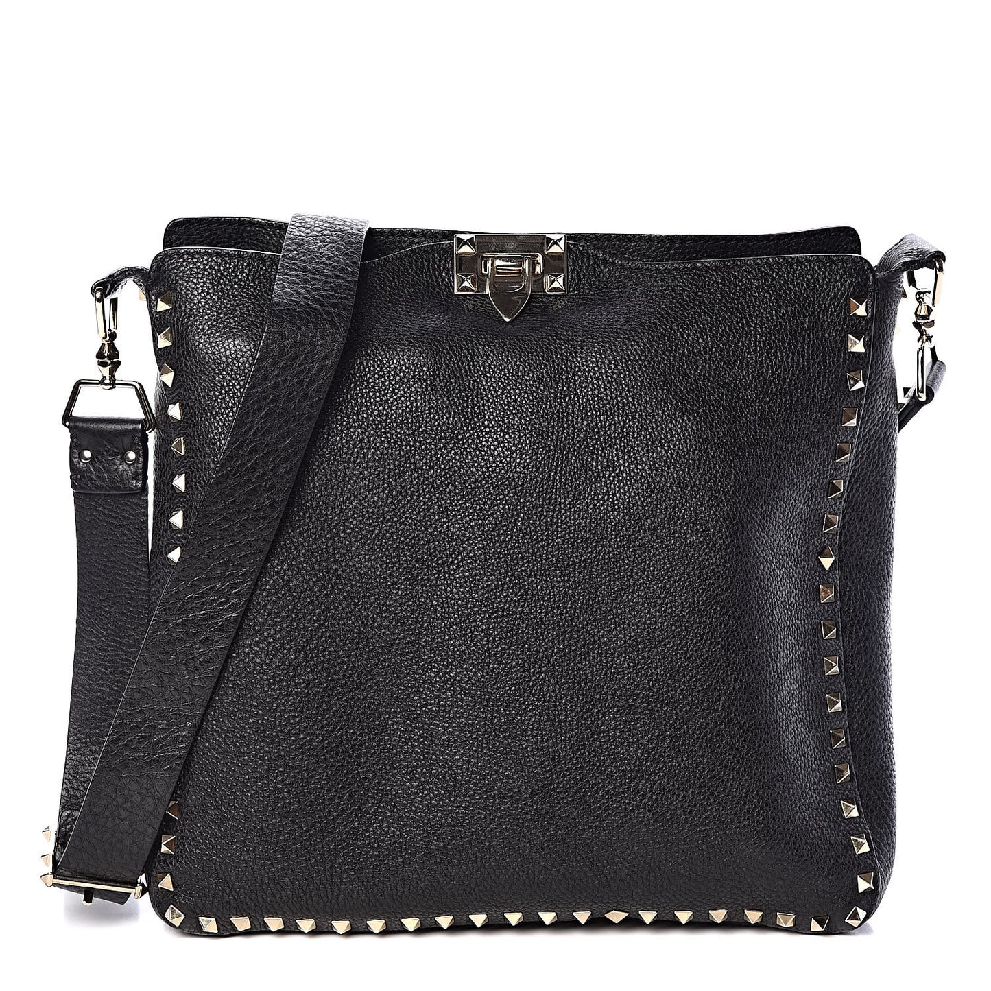 Pebbled Calfskin Large Rockstud Flip-Lock Messenger Bag Black