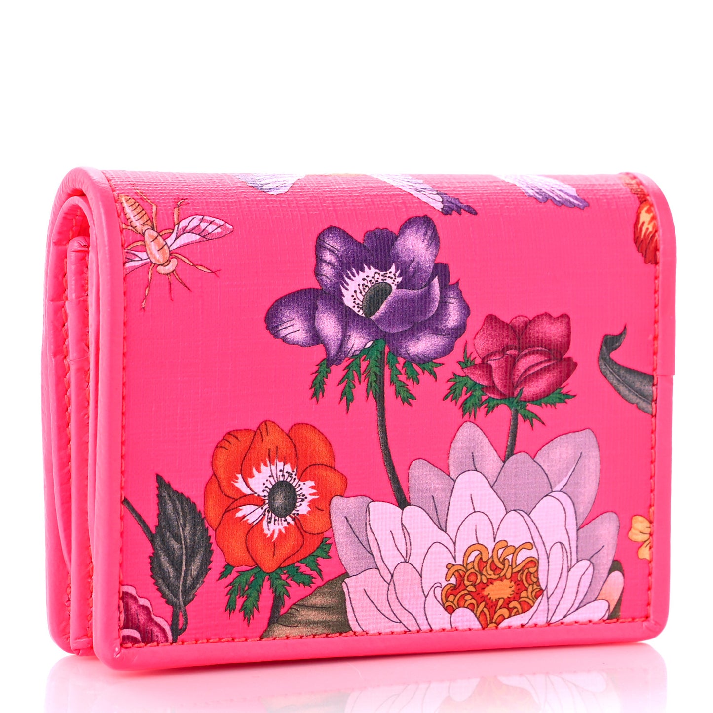 Calfskin Flora Print Zumi Card Case Fuxia Fluo