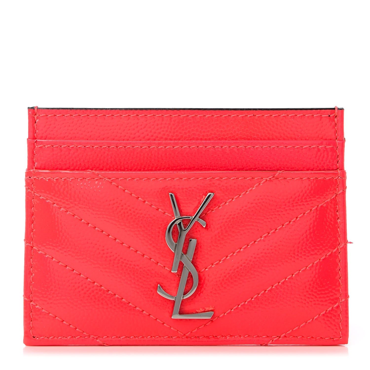 Saint Laurent Patent Grain De Poudre Matelasse Chevron Monogram Credit Card Case Neon Pink 1 of 9