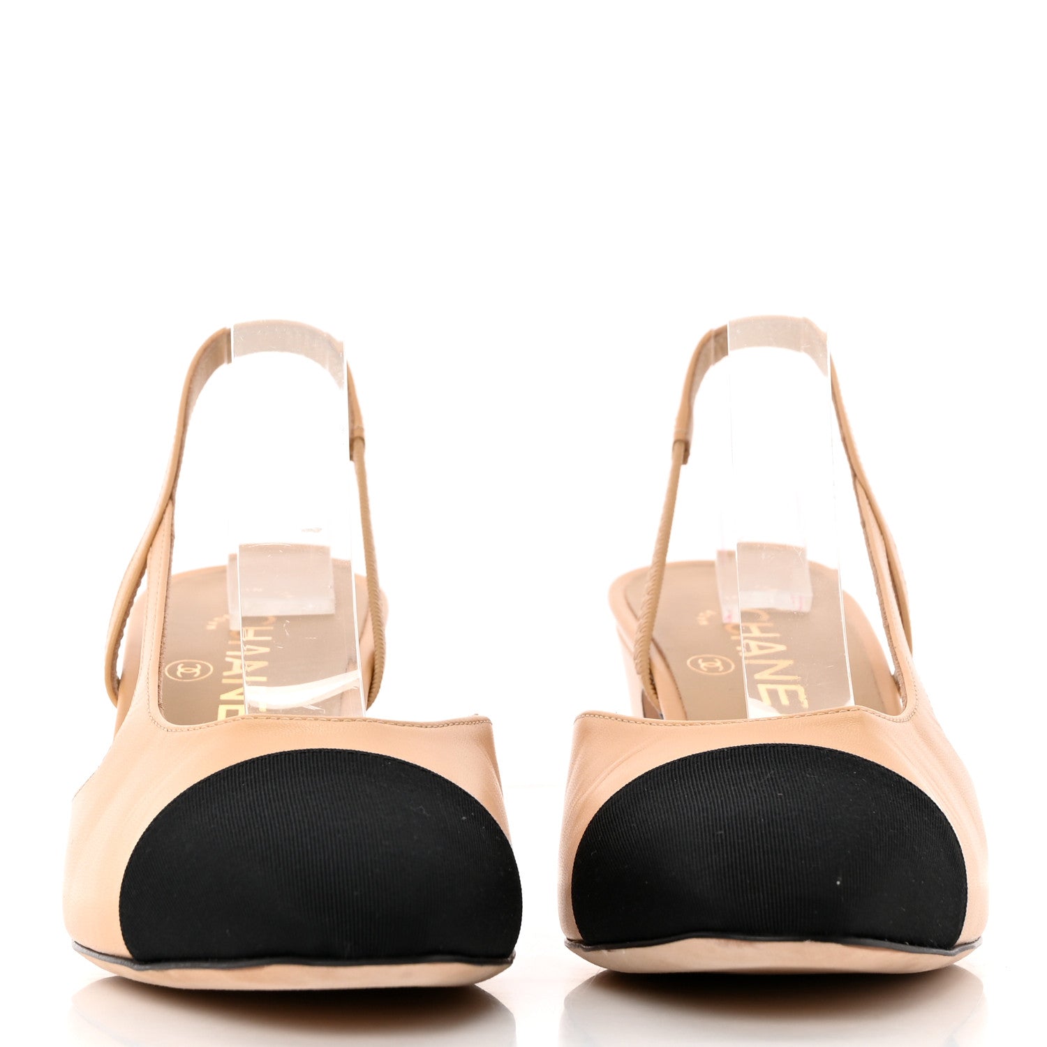 Chanel Lambskin Grosgrain Cap Toe CC Slingback Pumps 38 Beige Black 2 of 11