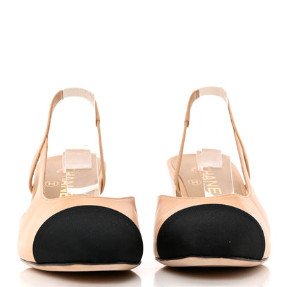 Chanel Lambskin Grosgrain Cap Toe CC Slingback Pumps 38 Beige Black 2 of 11