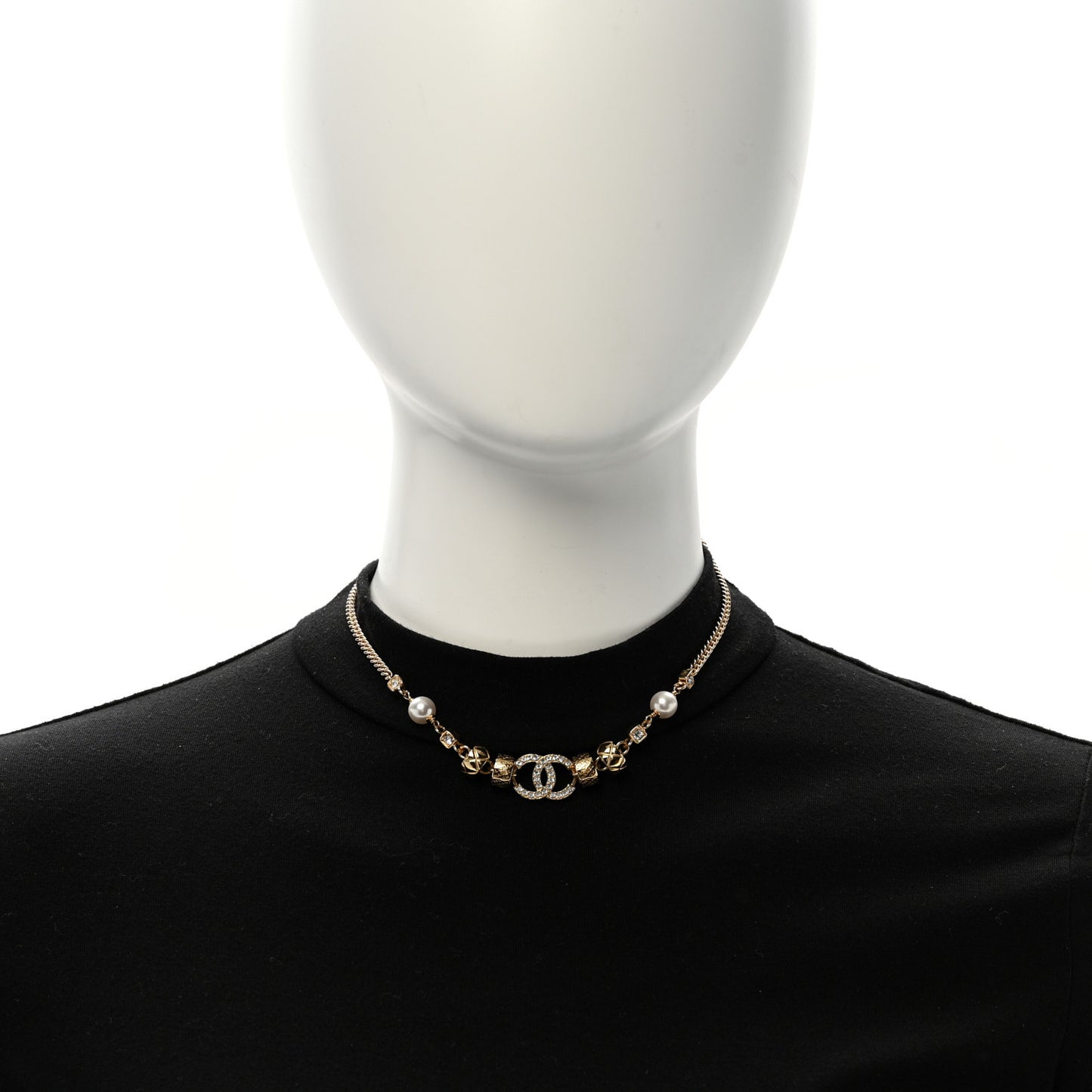 Pearl Crystal CC Quilted Choker Necklace Gold